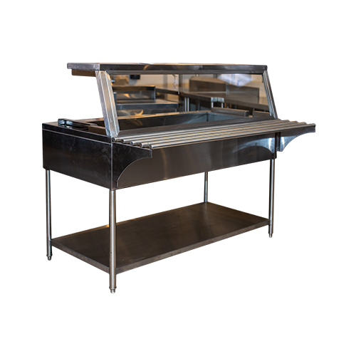 MESA CALIENTE PARA PREPARACION DE COMIDA CON REPISA, DESLIZADOR DE PLATOS DE 1" Y VIDRIO ANTIESTORNUDOS - 1.52x0.68x0.90