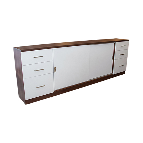 CREDENZA - 2.40m - MELAMINA BLANCA CON CEREZO - 6 GAVETAS Y 2 PUERTAS CORREDIZAS